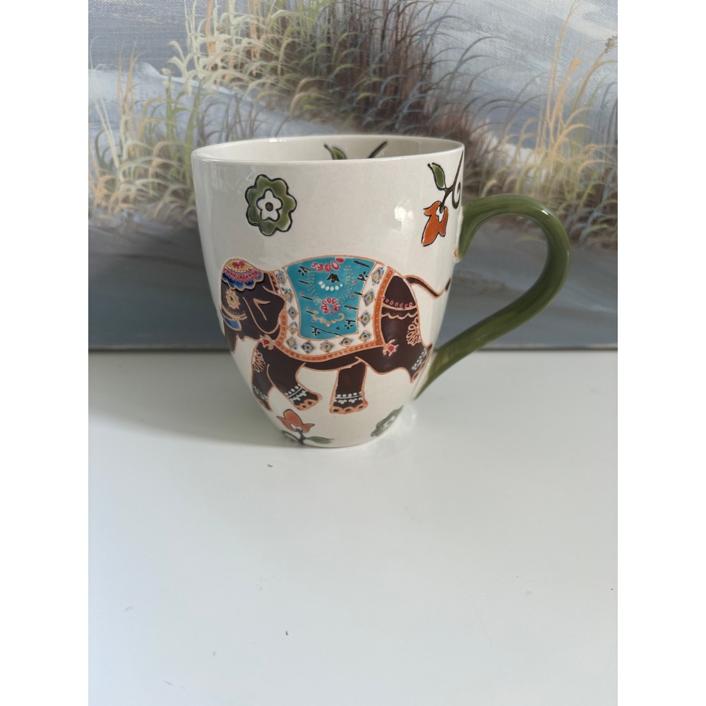 Dutch Wax Coastline Imports Elephant Floral Handpainted Ceramic Coffee Mug 16oz
